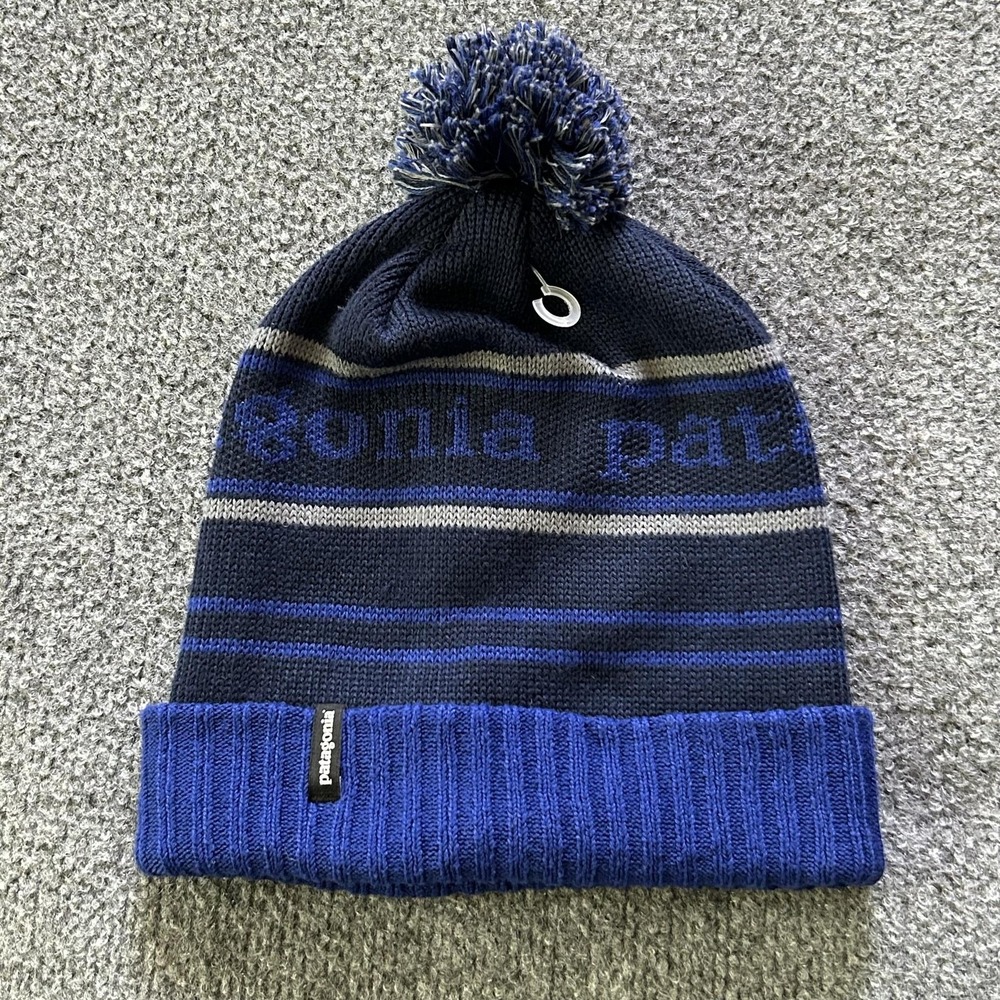 Patagonia Hat Kids Powder Town Beanie Blue Striped Pom Knit Winter Warm Logo